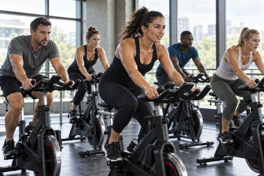 Clase de spinning en gimnasio